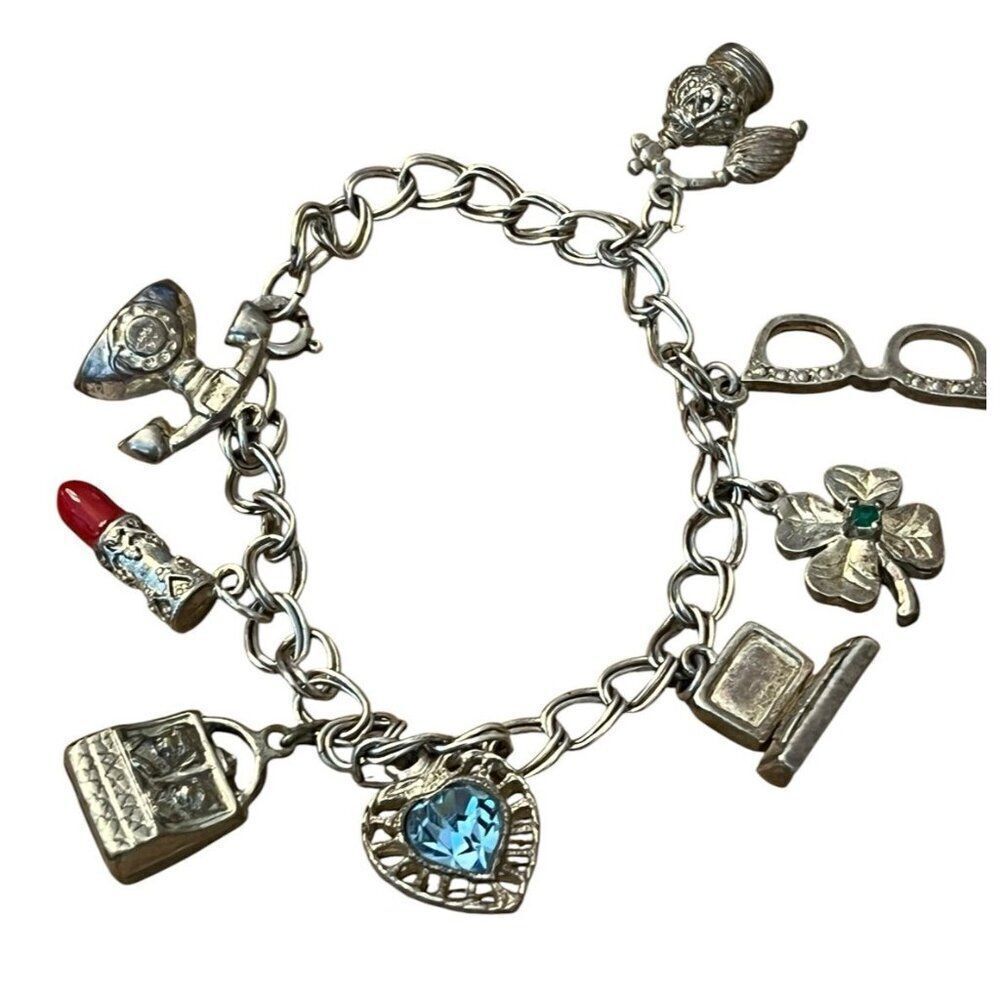 Silver Tone Charm Bracelet W 4 Leaf Clover Laptop Lipstick Perfume Bottle Charms